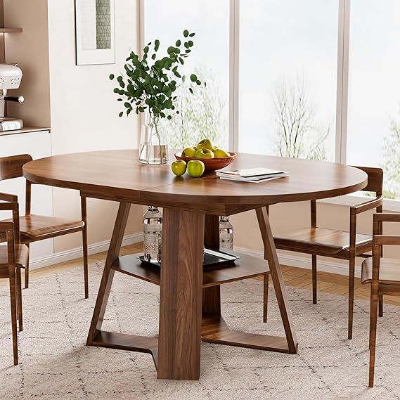 Extendable Round Dining Table with Storage Shelf