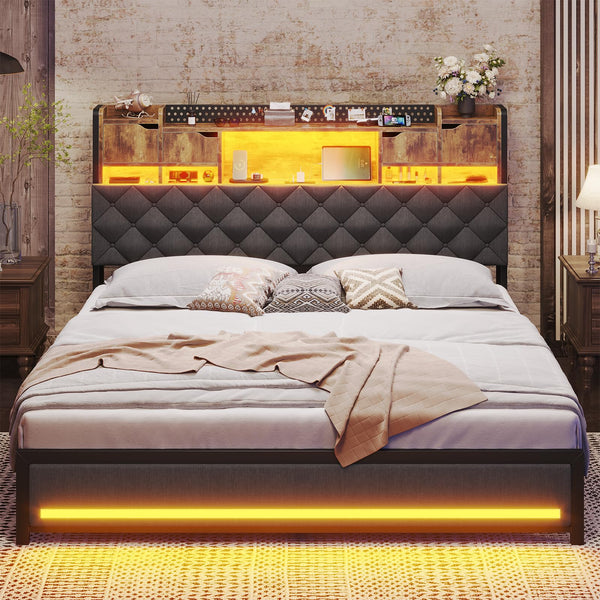 King Size Bed Frame with LED Lights & Storage Headboard
