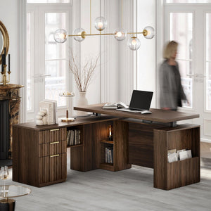63" L-Shaped Electric Standing Desk with Drawers & File Cabinet