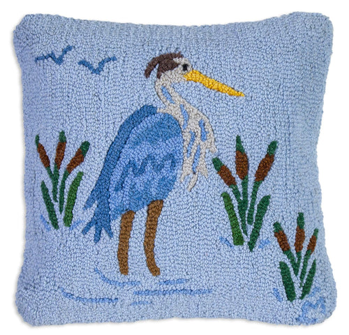 Blue Heron Hand-Hooked Wool Throw Pillow 18x18