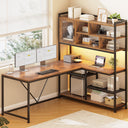 L-Shaped Computer Desk with LED Lights, Bookshelf & Storage Shelves