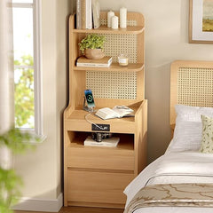 Sikaic 2PCS Tall Rattan Nightstand with Charging Station, Adjustable 90° Corner Bedside Table with 2 Drawers and Open Bookshelf, High Capacity End Side Table for Bedroom, Small Spaces, Natural Wood