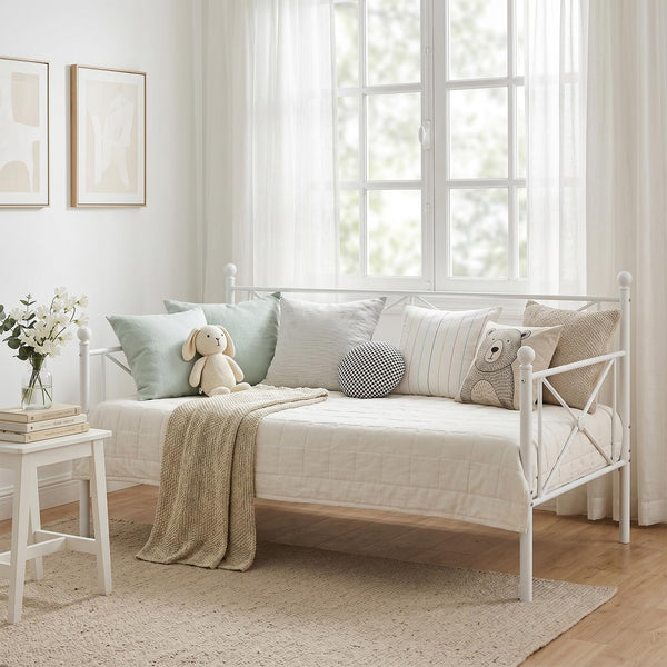 VECELO Daybed Twin Size, Day Bed Frame with Headboard, Heavy-Duty Metal Slats Support Platform for Living Room, Guest Room, Easy Assembly, White