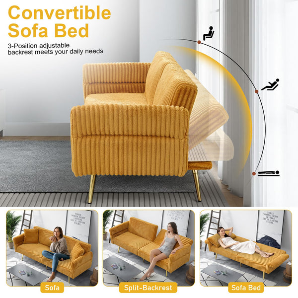 Convertible Futon Sofa Bed with Adjustable Backrest & Pillows
