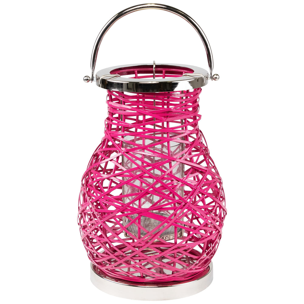 Pink Woven Iron Pillar Candle Lantern with Glass Hurricane
