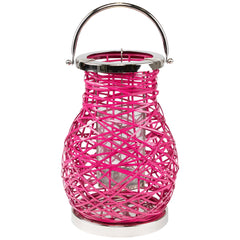 Pink Woven Iron Pillar Candle Lantern with Glass Hurricane