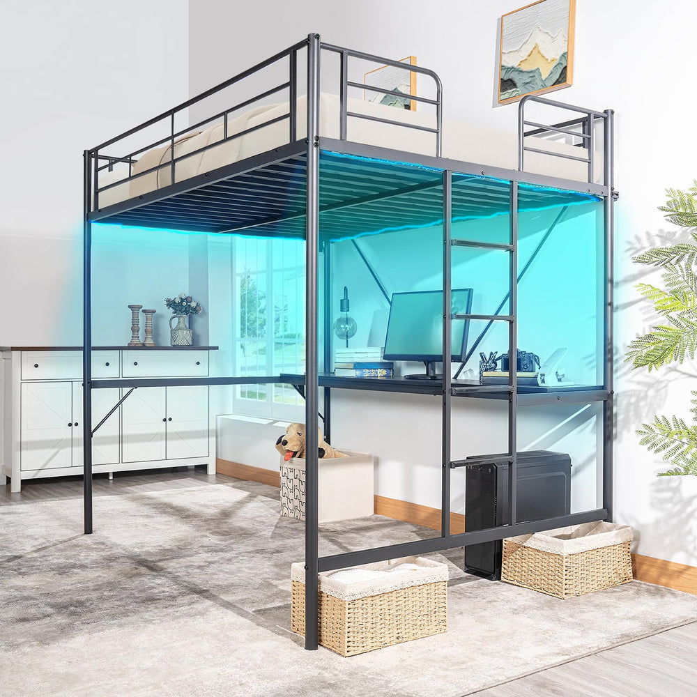 Metal Loft Bed with Desk, LED Lights & Charging Stations