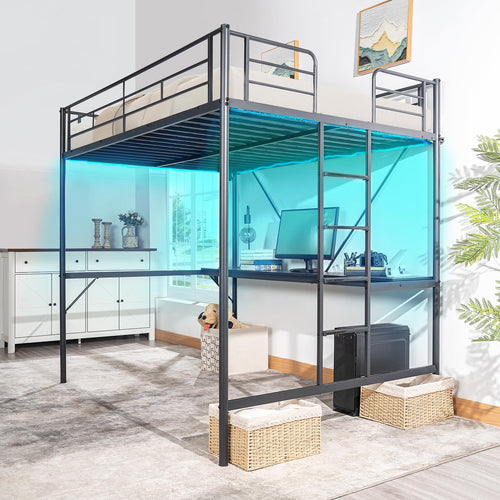 Metal Loft Bed with Desk, LED Lights & Charging Stations
