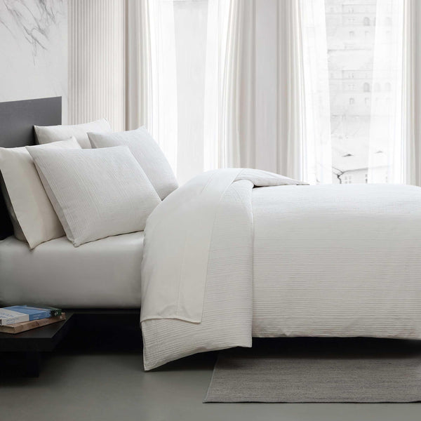Cotton Comforter Set with Shams – Bark Texture White Grid Pattern