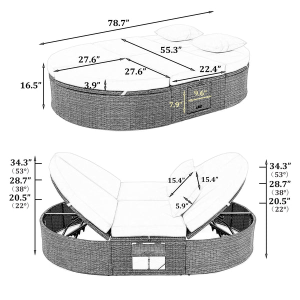 2-Person Outdoor Wicker Daybed with Adjustable Reclining Backrests
