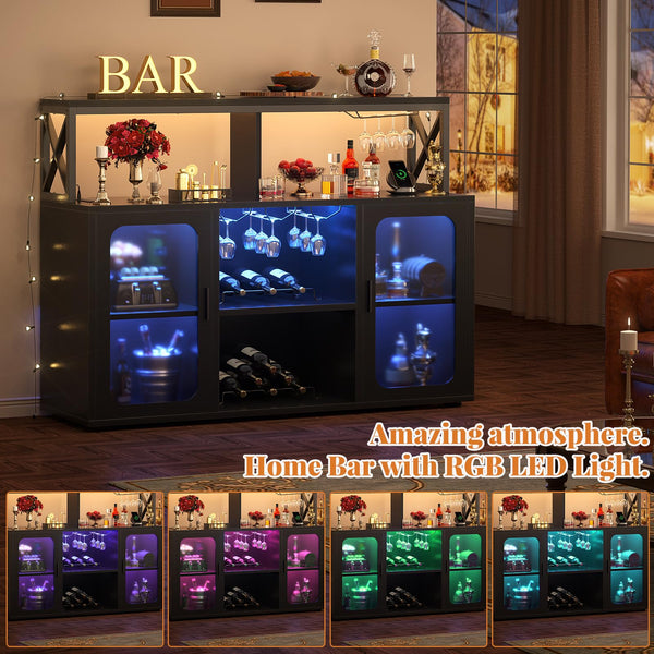 Bar Cabinet with LED Lights & Power Outlets