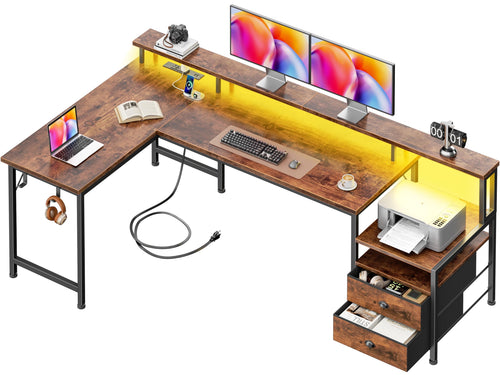 L-Shaped Computer Desk with Power Outlets, USB-C, Drawers & LED Lights – 65 Inch