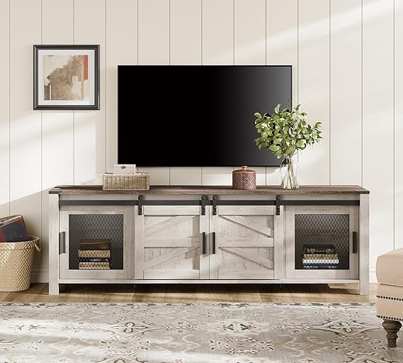 Farmhouse TV Stand for 75" TVs with Sliding Barn Doors