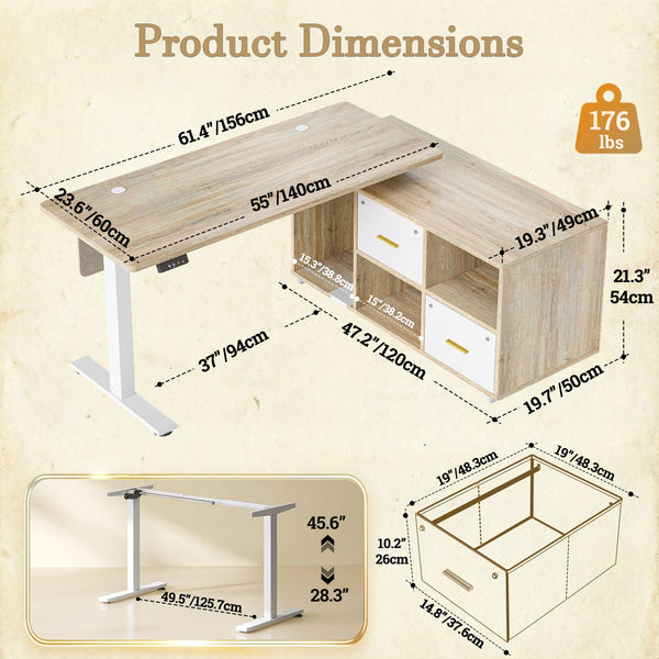 L-Shaped Height Adjustable Standing Desk with Privacy Panel, Drawers & Shelves, 61.4" x 47.2" – Maple