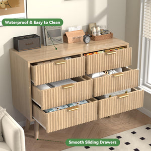 SFDOU Wooden Fluted Dresser for Bedroom,Modern Wide Chest of 6 Drawers Dressers for Bedroom Furniture,Wood Drawer Dresser with Storage, Easy to Assemble Dressers for Living Room,Hallway