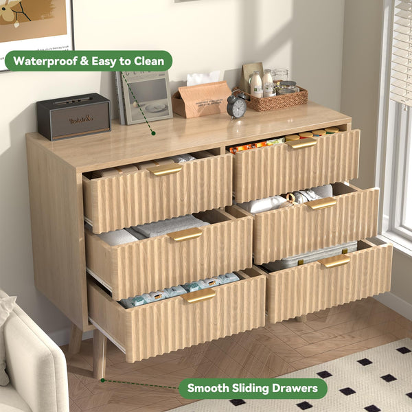 SFDOU Wooden Fluted Dresser for Bedroom,Modern Wide Chest of 6 Drawers Dressers for Bedroom Furniture,Wood Drawer Dresser with Storage, Easy to Assemble Dressers for Living Room,Hallway