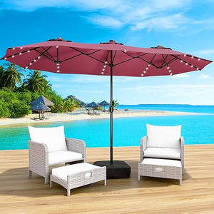 Large Rectangular Patio Umbrella with Base & LED Lights