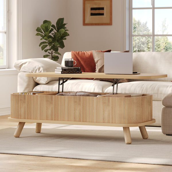 47" Oval Lift Top Coffee Table with Storage & Fluted Design