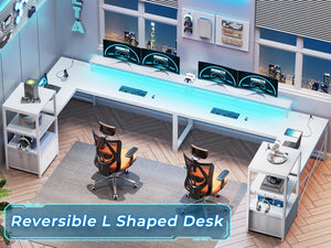 L-Shaped Corner Desk with Storage, LED Lights & Power Outlet
