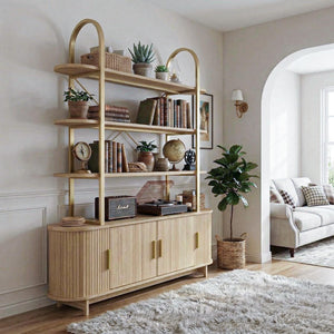 Arched Cabinet Bookshelf with Sliding Tambour Doors