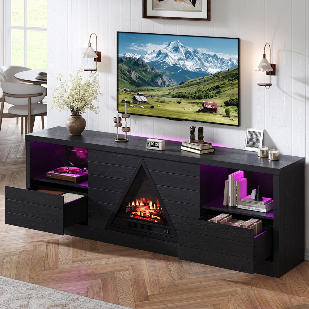 67" Fireplace TV Stand with LED Flame, Open Shelves & Drawers
