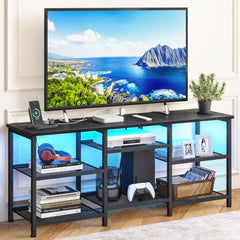 47.2" Metal & Wood TV Stand with Power Outlet, LED Lights & Open Storage Shelves