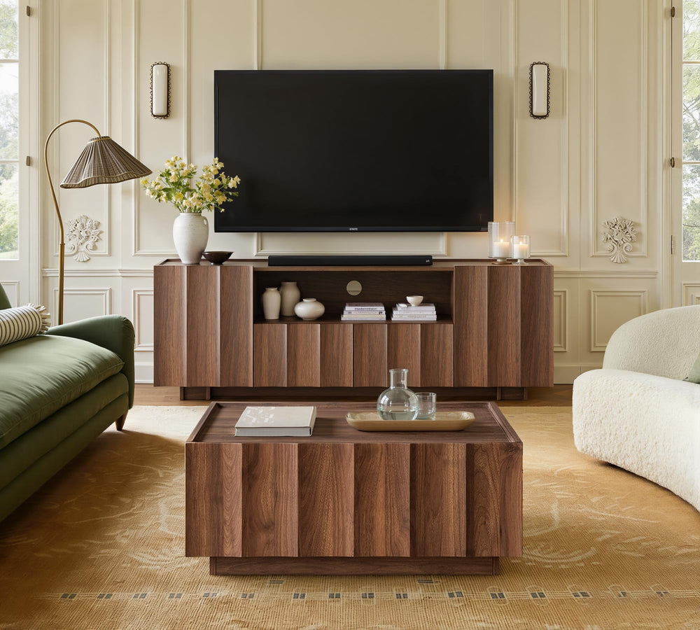 61" Mid-Century Modern TV Stand – Walnut Media Console with Wave Design
