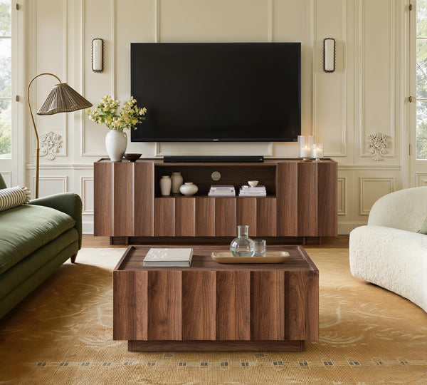 61" Mid-Century Modern TV Stand – Walnut Media Console with Wave Design