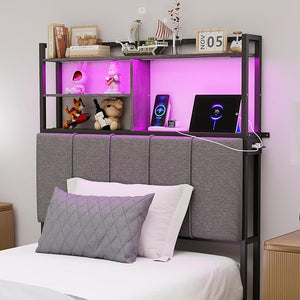 Tall Headboard with Storage Shelves, USB Charging & LED Light