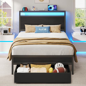 Queen Bed Frame with Storage Headboard, LED Lights & Charging Station