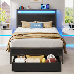 Metal Bed Frame with Storage Headboard, LED Lights & Charging Station