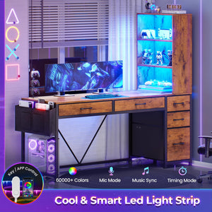 Computer Desk with Drawers, Bookshelf & LED Lights
