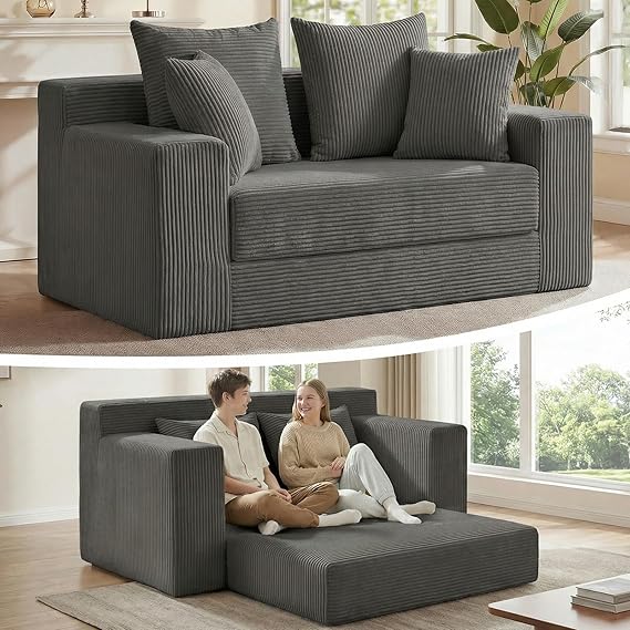 Convertible Sofa Bed Boneless Loveseat Sleeper with 4 Pillows & Detachable Cushion