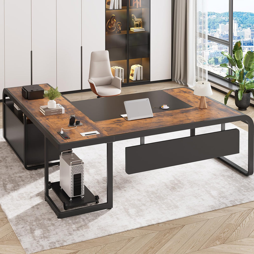 L-Shaped Executive Desk with File Drawer, Storage Shelves & Power Outlets