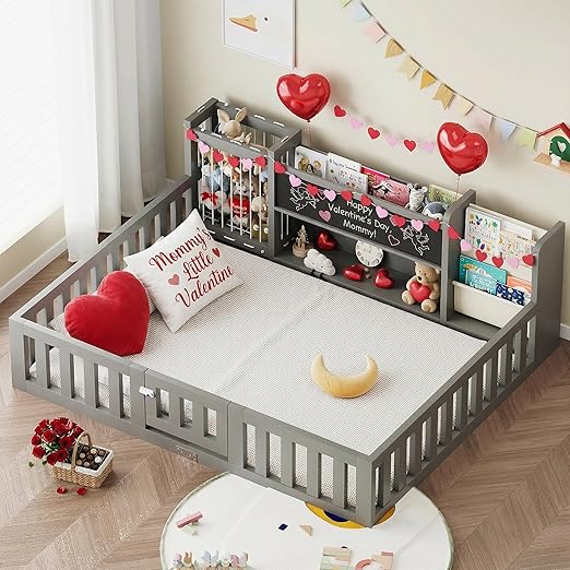 Montessori Floor Bed with Door, Guard Rails, Chalkboard & Bookshelf – Kids Bed Frame