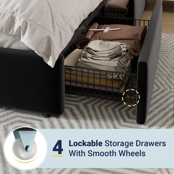 Queen Platform Bed Frame with Storage Drawers & Velvet Headboard