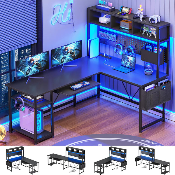 L-Shaped Gaming Desk with Hutch & LED Lights
