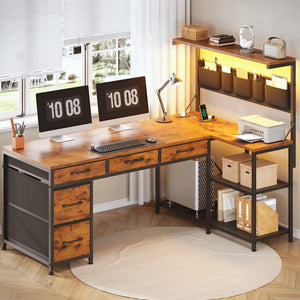 L-Shaped Desk with Hutch, 5 Drawers, Storage Shelves, Power Outlet & LED Lights