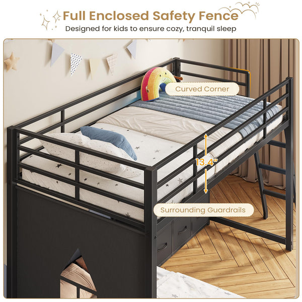 Twin Over Twin L-Shaped Low Bunk Bed with Storage & LED Lights