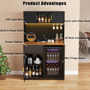 72" Tall Bar Cabinet with Fridge Space, Fluted Hutch, LED Light & Power Outlet