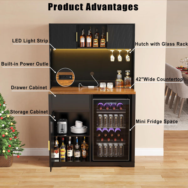 72" Tall Bar Cabinet with Fridge Space, Fluted Hutch, LED Light & Power Outlet