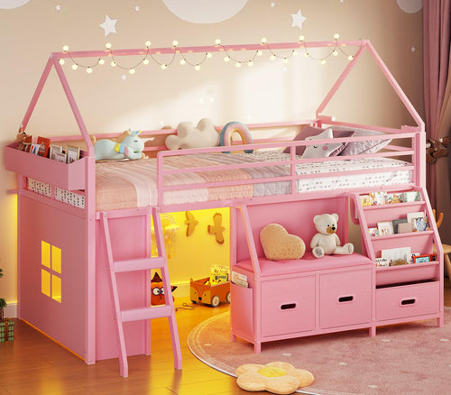 Kids Low Loft Bed Twin with Bookshelf & Reading Nook