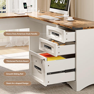 L-Shaped Farmhouse Executive Desk with Drawers & Charging Station