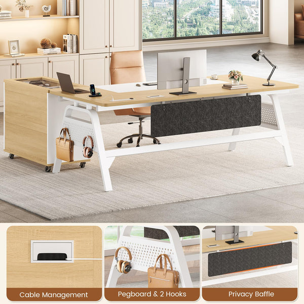 L-Shaped Desk with File Cabinet & Power Outlets