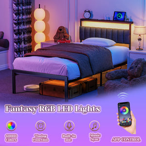 Twin Bed Frame with Headboard, LED Lights & Charging Station