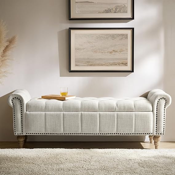 HULALA HOME Farmhouse Upholstered Storage Bench, End of Bed Bench with Vintage Button Tufted Design(Blue)