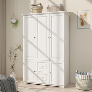 White Wardrobe Armoire with 4 Doors, Hanging Rod & 2 Drawers