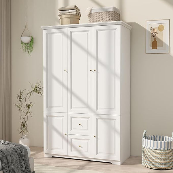 White Wardrobe Armoire with 4 Doors, Hanging Rod & 2 Drawers