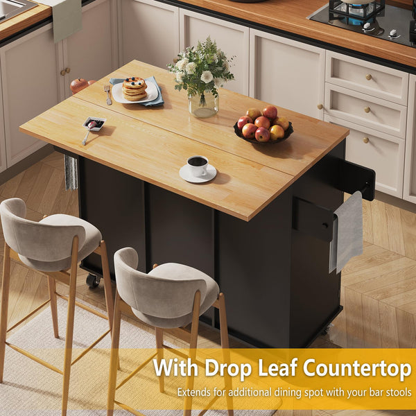 Rolling Kitchen Island with Storage Cabinet & Drop Leaf