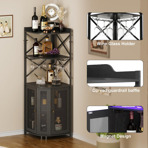 5-Tier Corner Bar Cabinet with LED Lights and Glass Holder